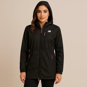 New Balance Womens Black Hooded Rain Running Mesh Lined Jacket Size Med